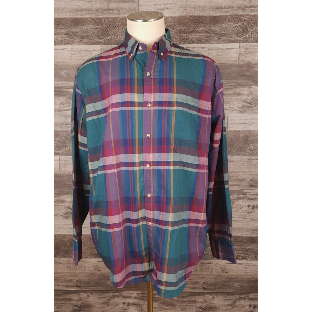 Saddlebrook Mens Plaid Button Down Shirt XL Green Purple Long Sleeve Pocket